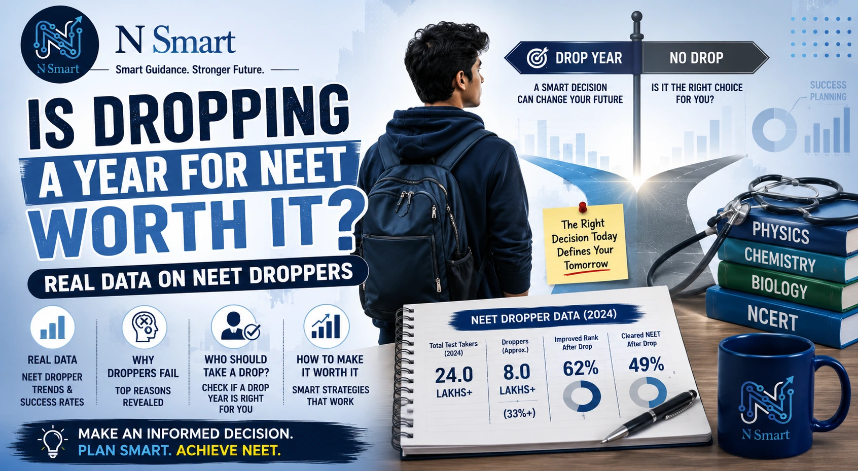 N Smart banner on whether a NEET drop year is worth it, with 2024 dropper data, success rates, and smart decision-making tips.
