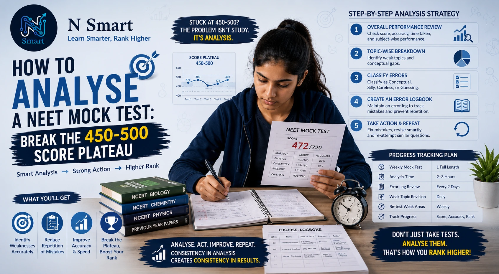 N Smart banner: "How to Analyse a NEET Mock Test" - strategies to break the 450-500 score plateau with error analysis and progress tracking.