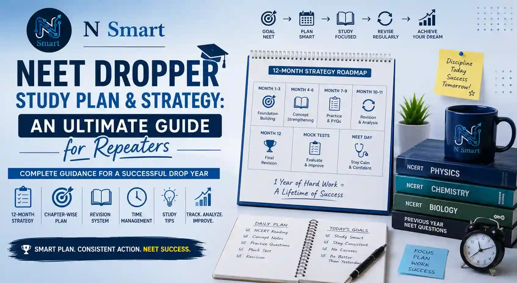 NEET Dropper ultimate study plan and strategy guide by N Smart - 12-month roadmap covering foundation, revision, mock tests, & tips for repeaters.