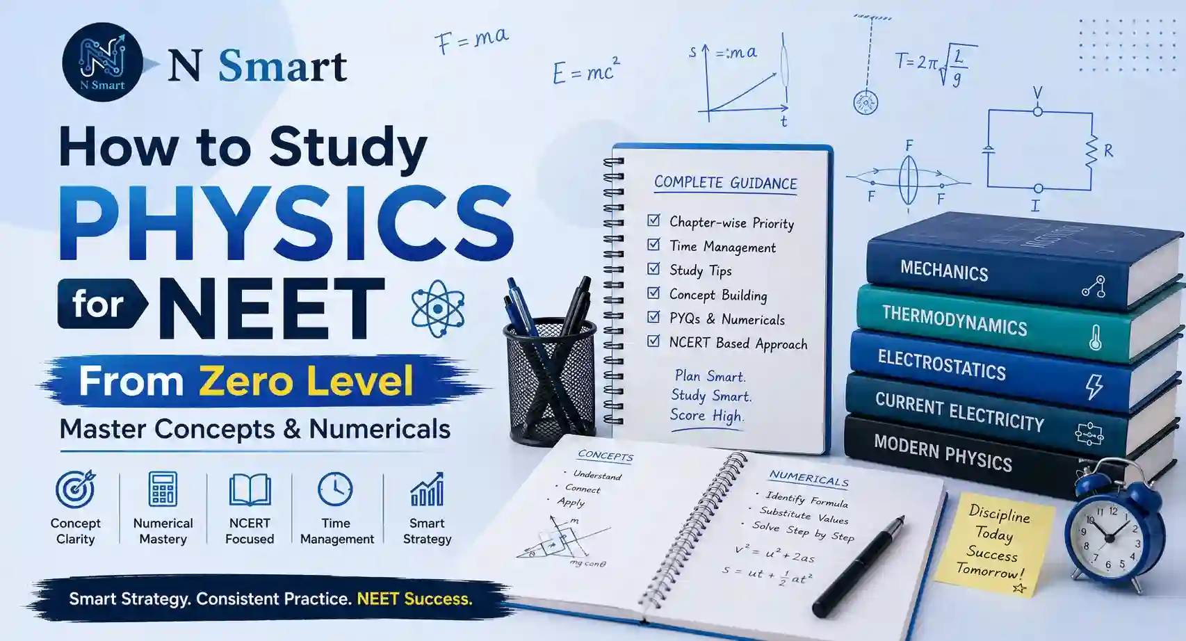 N Smart NEET Physics preparation strategy banner: Mechanics, Thermodynamics, Electrostatics, and more, with concept-building and numerical mastery tips.