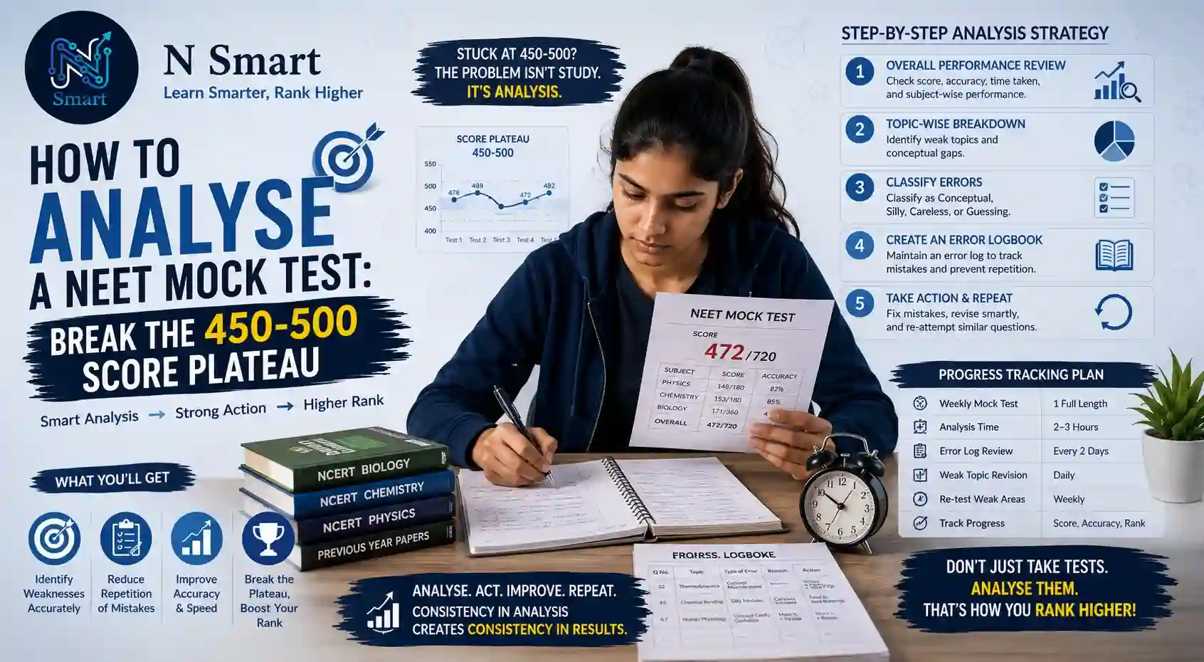 N Smart banner: "How to Analyse a NEET Mock Test" - strategies to break the 450-500 score plateau with error analysis and progress tracking.