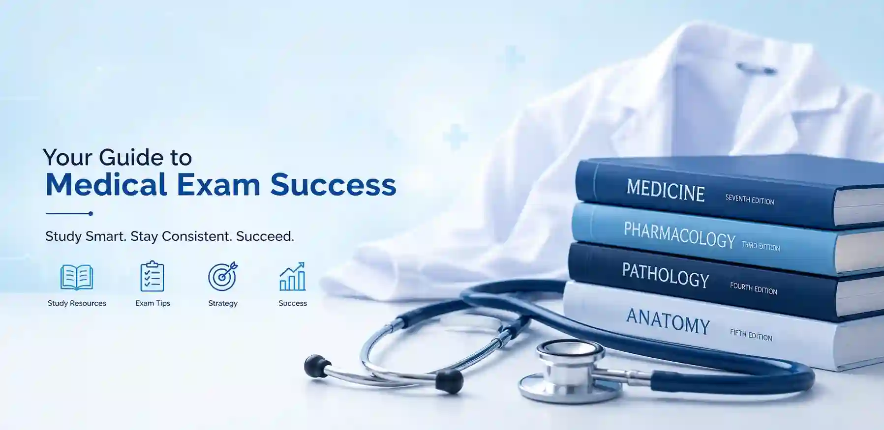 Medical exam prep banner featuring textbooks, stethoscope, and white coat with the tagline "Study Smart. Stay Consistent. Succeed."