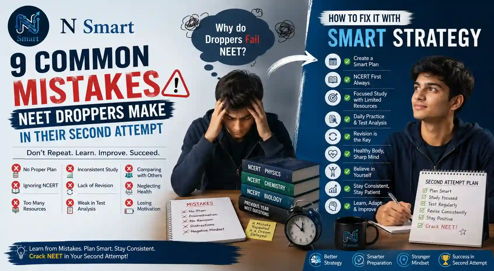 N Smart NEET Dropper banner highlighting 9 common second-attempt mistakes and how to fix them with a smart strategy and a consistent study plan.