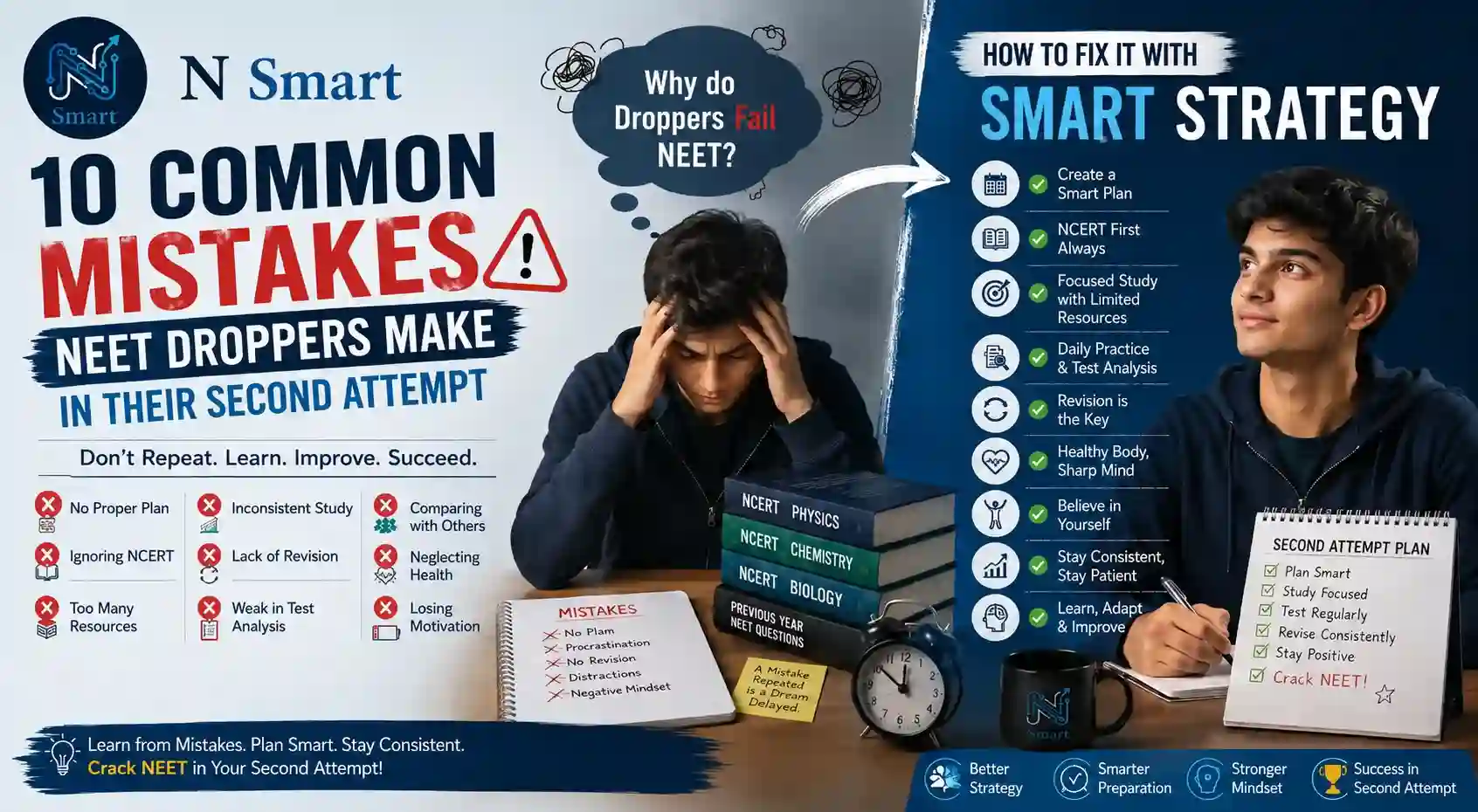 N Smart NEET Dropper banner highlighting 10 common second-attempt mistakes and how to fix them with a smart strategy and a consistent study plan.