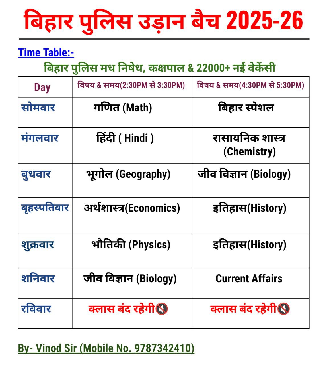 Bihar Police Madh Nishedh & kakshpal Time Table 