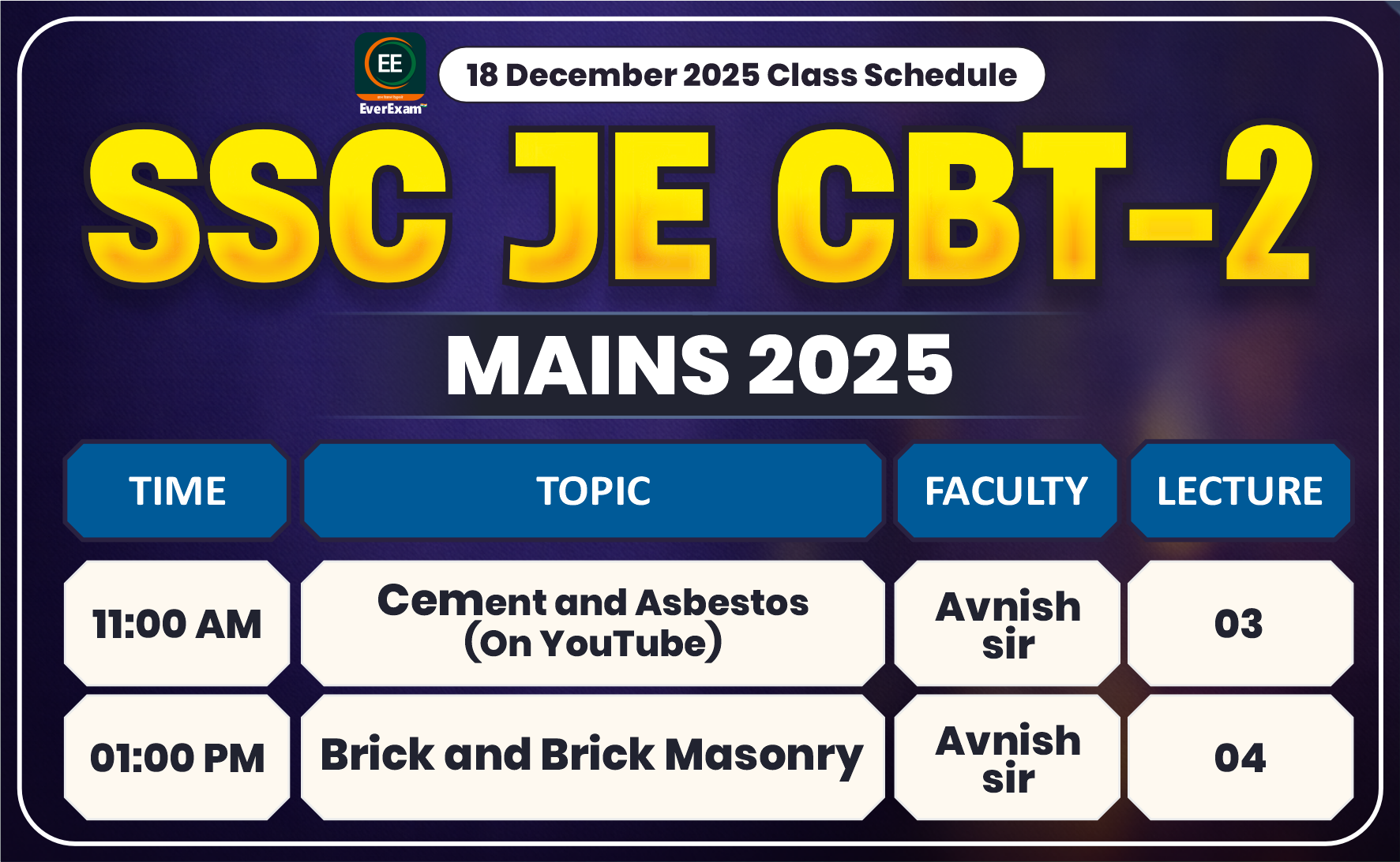 18 December 2025 Class Schedule Alerts SSC JE CBT-2 (Mains) 2025
