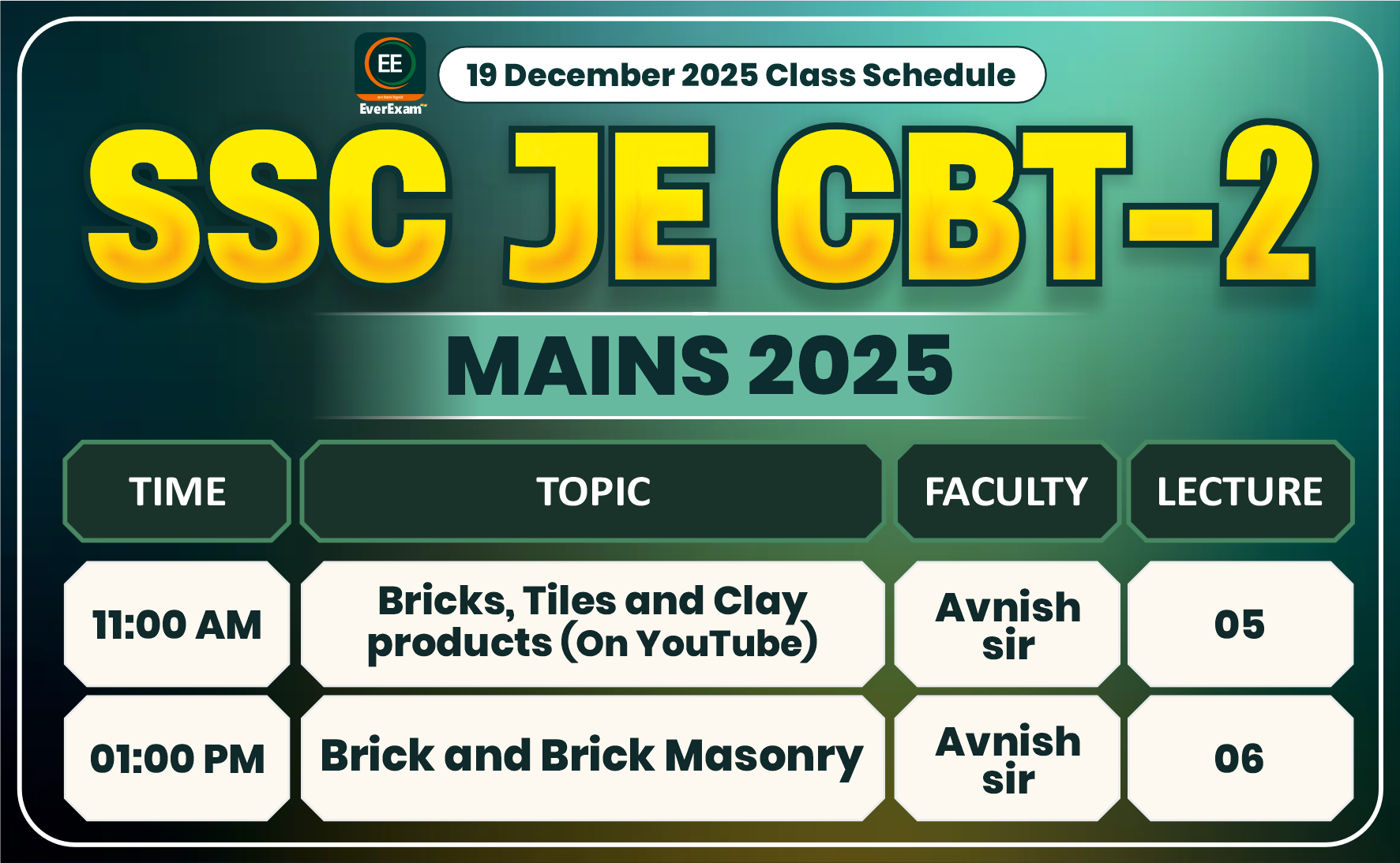 19 December 2025 Class Schedule Alerts SSC JE CBT-2 (Mains) 2025