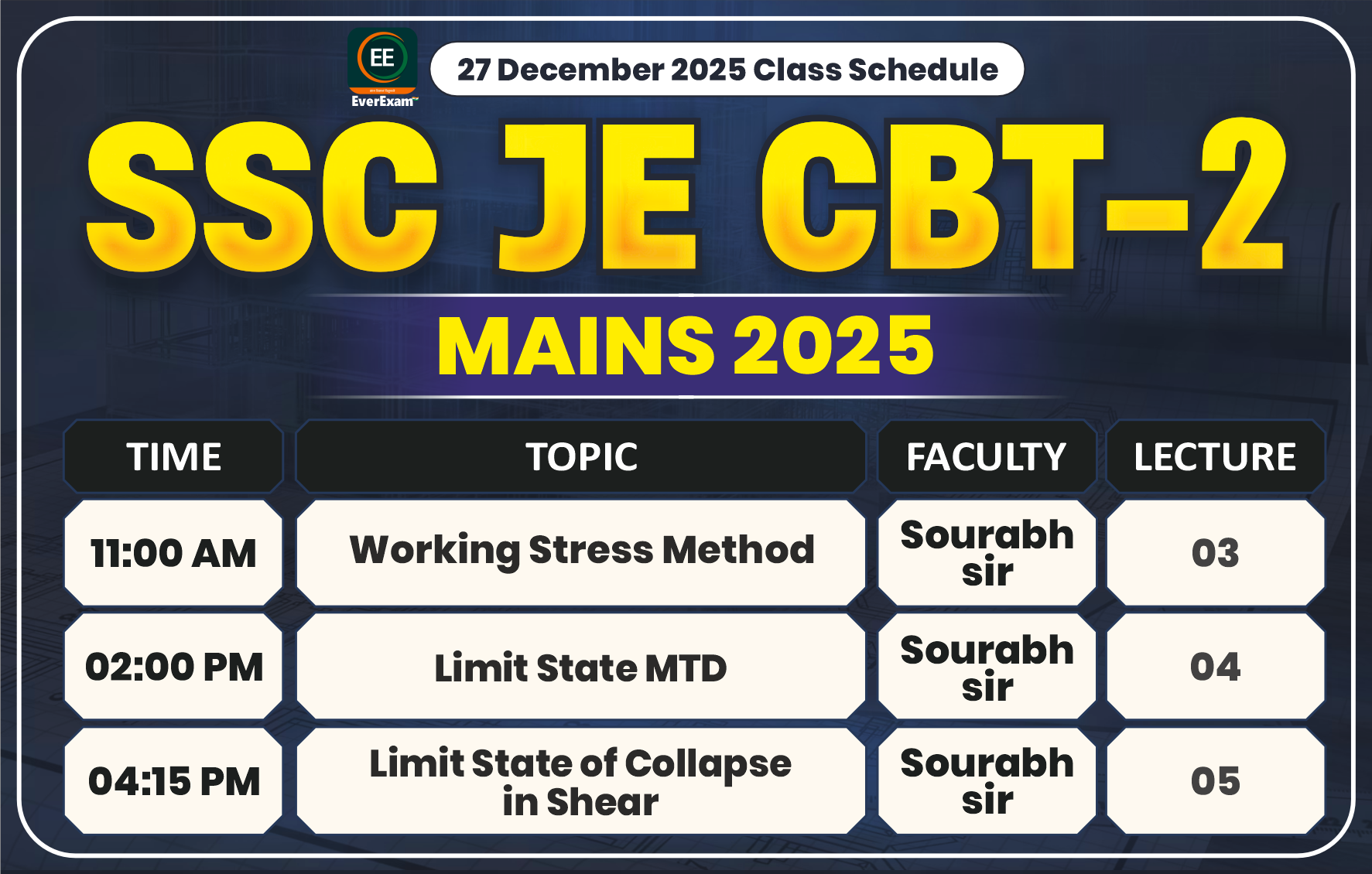 27 December 2025 Class Schedule Alerts SSC JE CBT-2 (Mains) 2025