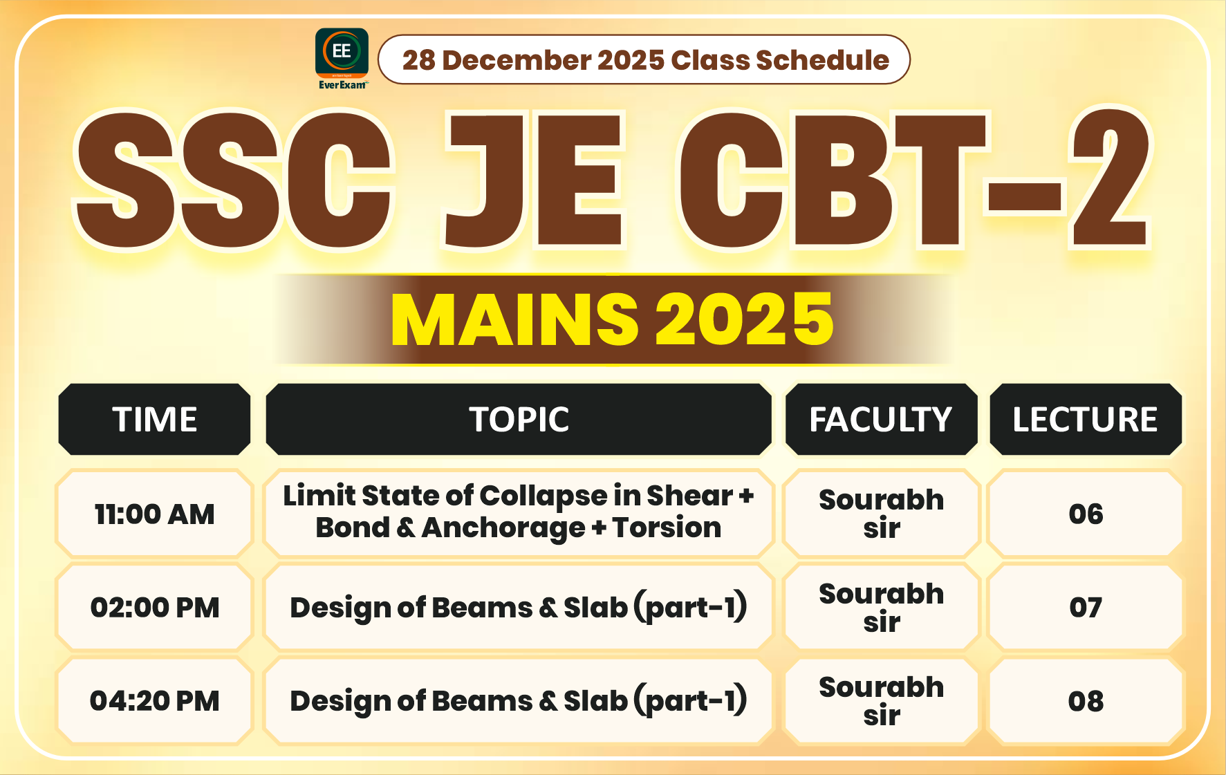 28 December 2025 Class Schedule Alerts SSC JE CBT-2 (Mains) 2025