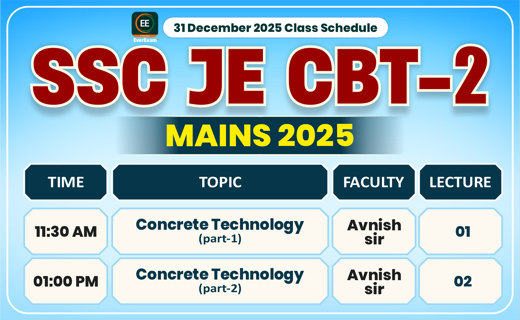 31 December 2025 Class Schedule Alerts SSC JE CBT-2 (Mains) 2025
