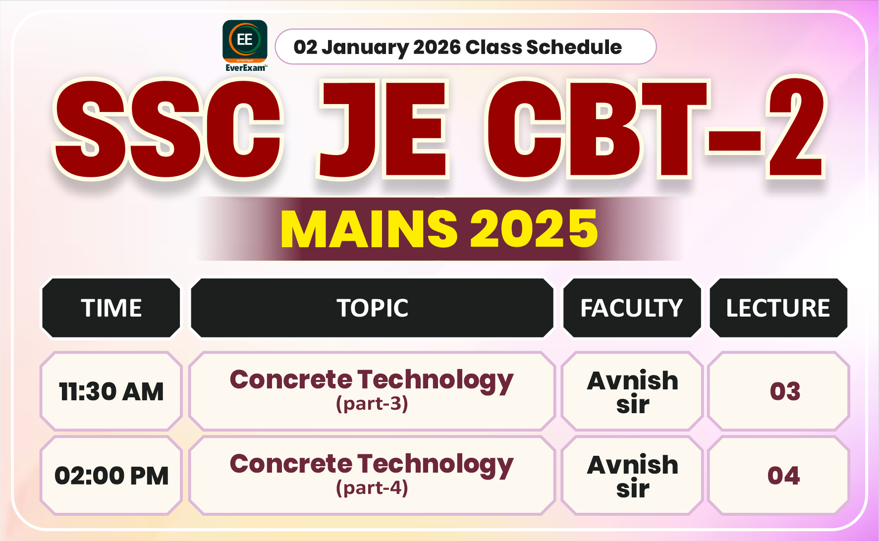 02 January 2026 Class Schedule Alerts SSC JE CBT-2 (Mains) 2025