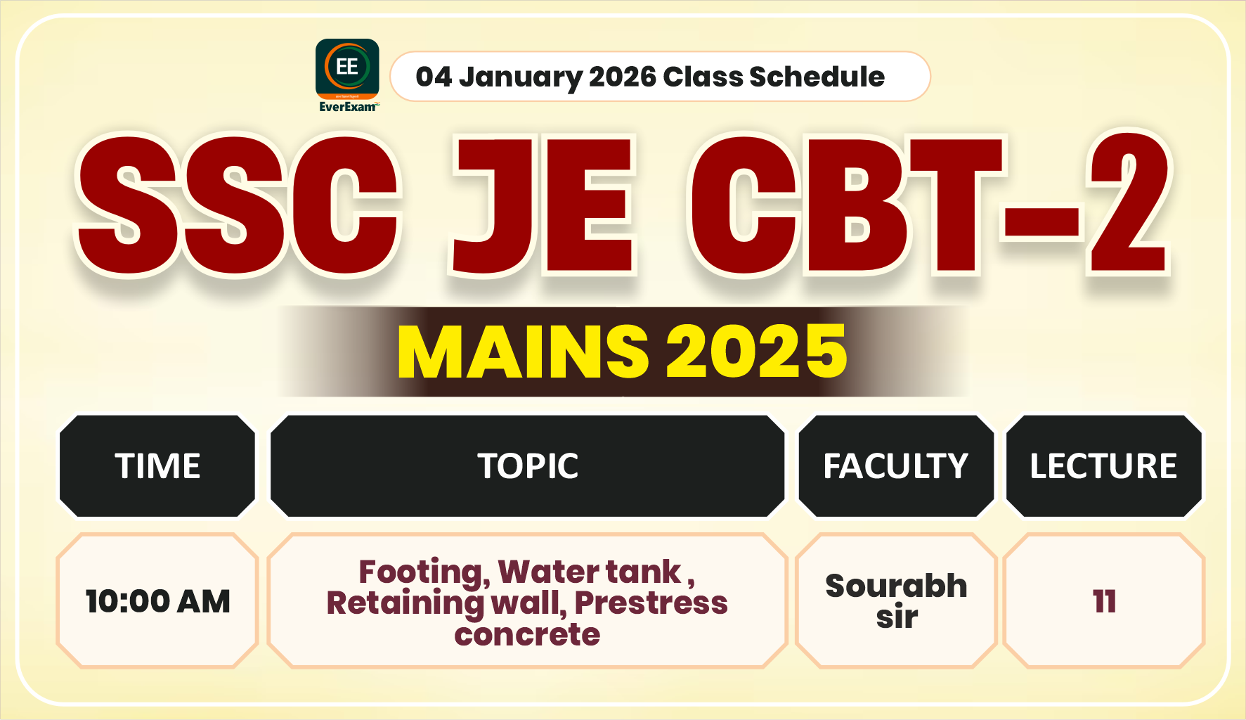 04 January 2026 Class Schedule Alerts SSC JE CBT-2 (Mains) 2025
