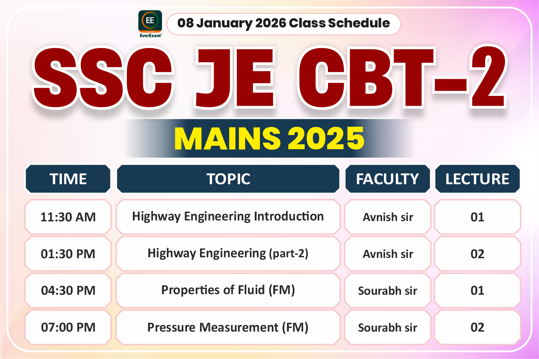 08 January 2026 Class Schedule Alerts SSC JE CBT-2 (Mains) 2025