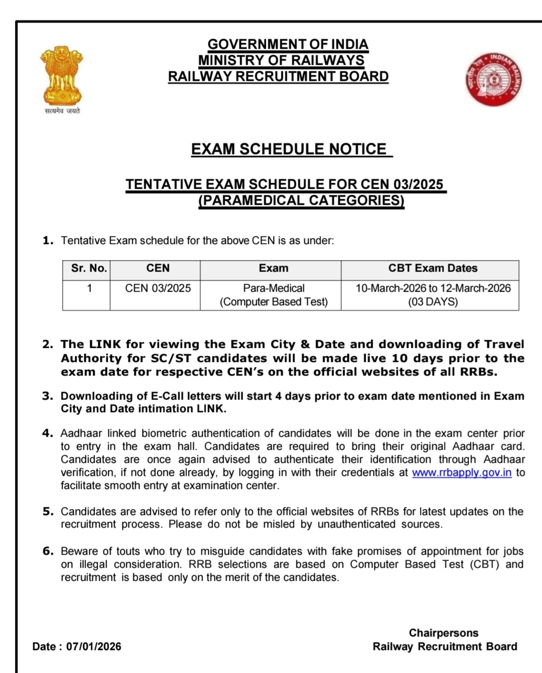 TENTATIVE EXAM SCHEDULE FOR CEN 03/2025.
