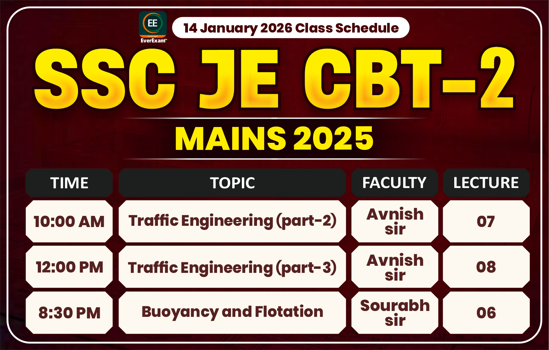 14 January 2026 Class Schedule Alerts SSC JE CBT-2 (Mains) 2025