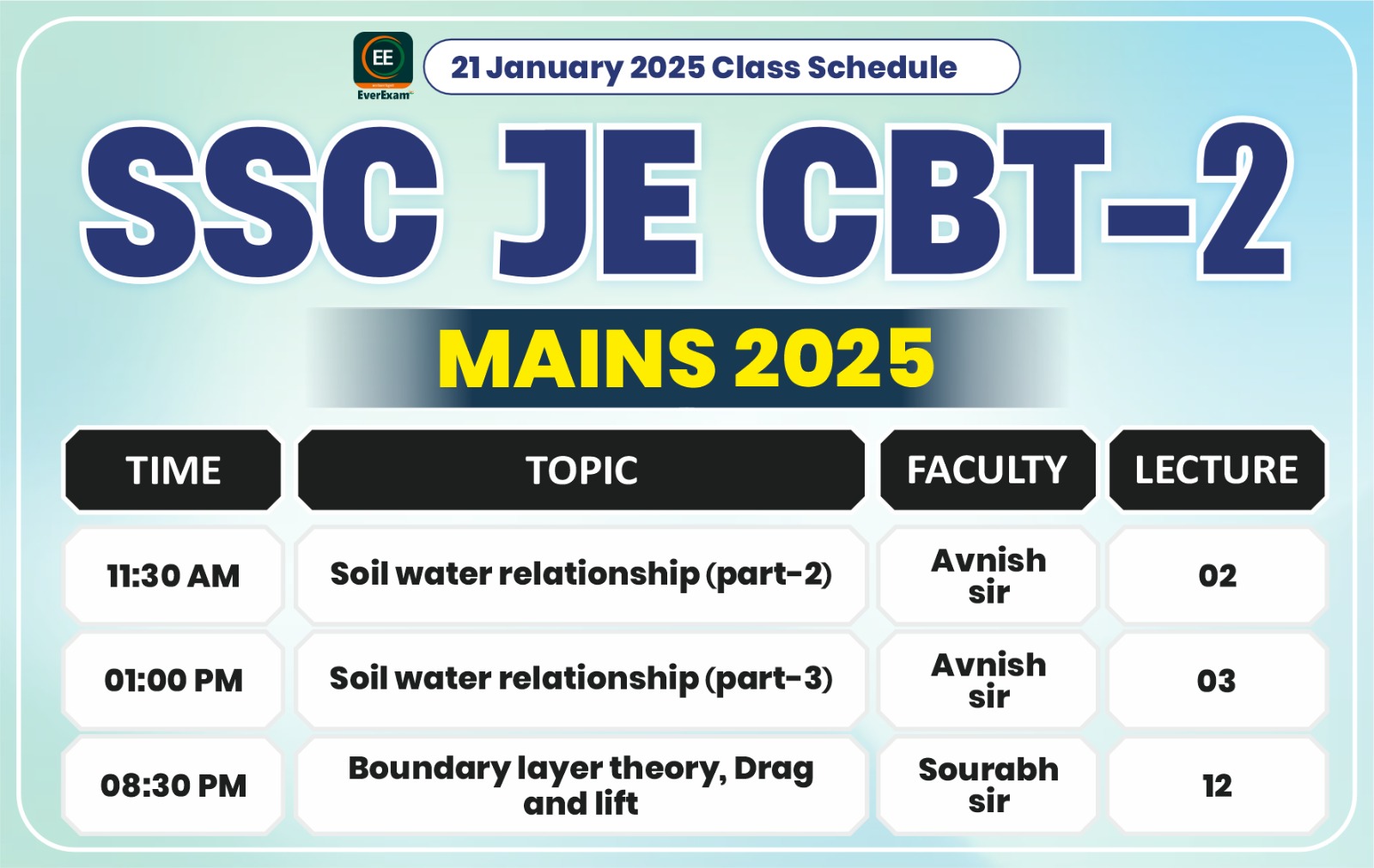 21 January 2026 Class Schedule Alerts SSC JE CBT-2 (Mains) 2025