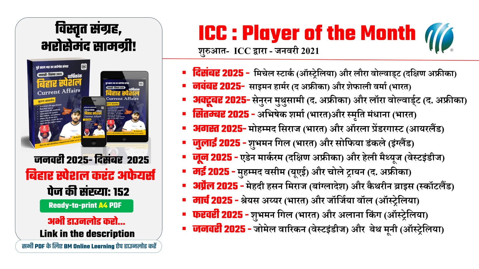 🏏 ICC : Player of the Month