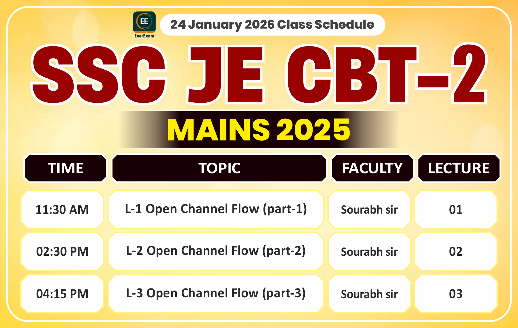 24 January 2026 Class Schedule Alerts SSC JE CBT-2 (Mains) 2025