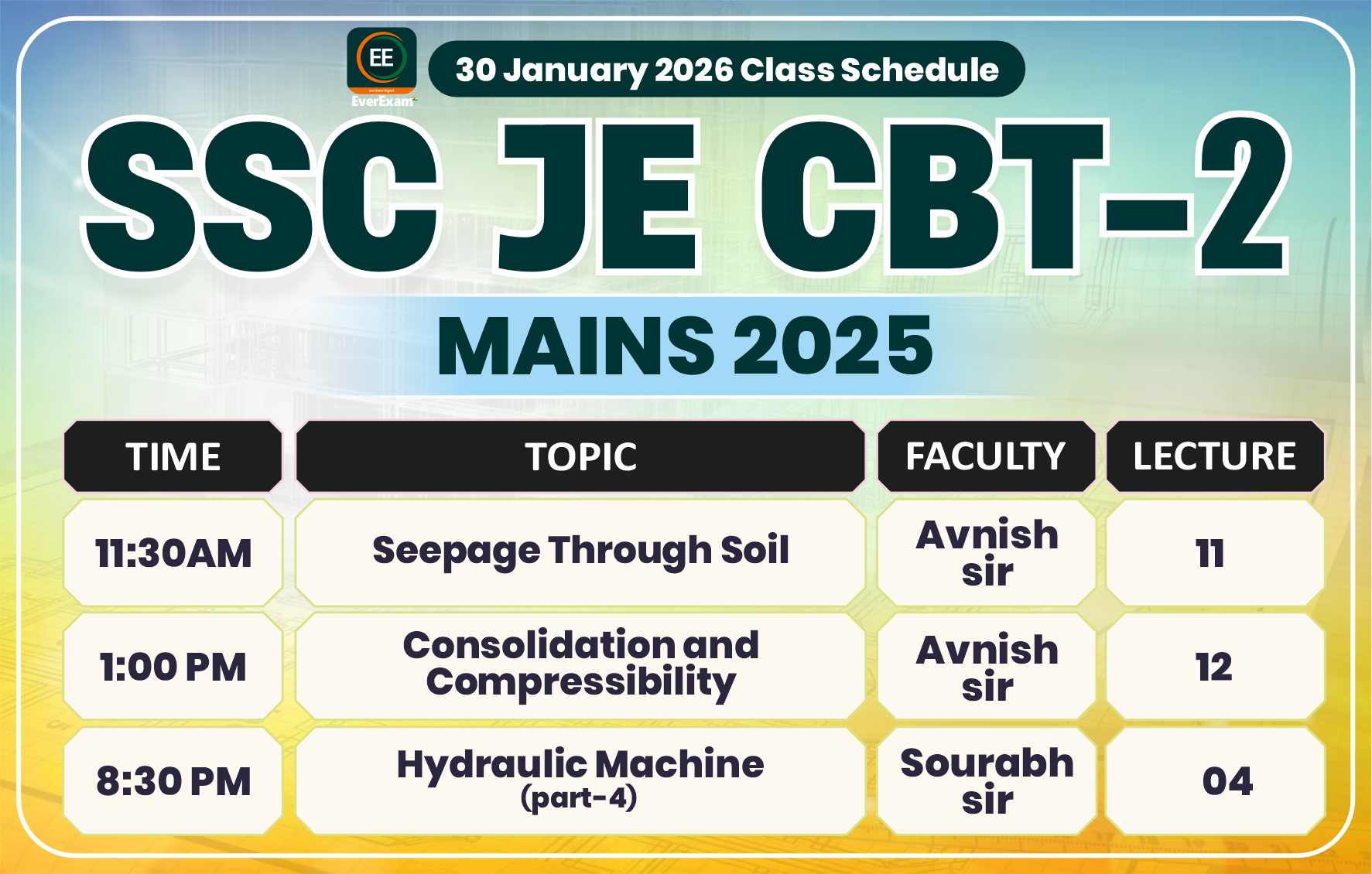 30 January 2026 Class Schedule Alerts SSC JE CBT-2 (Mains) 2025