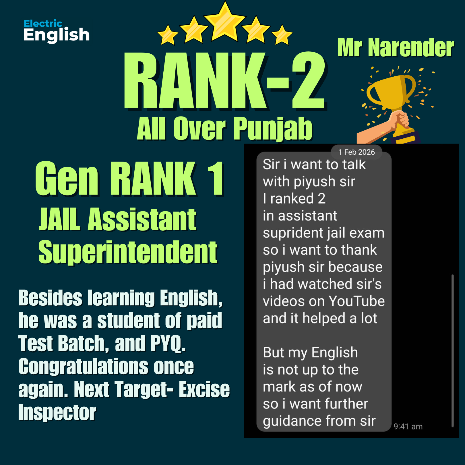 PSSSB 2026 RANK-2 All Over Punjab (RANK 1 GEN CATEGORY) ASSISTANT JAIL SUPERINTENDENT