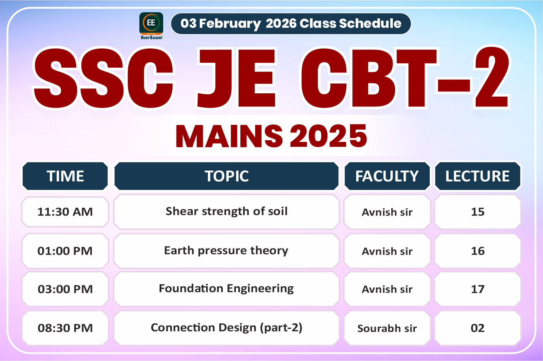 03 February 2026 Class Schedule Alerts SSC JE CBT-2 (Mains) 2025