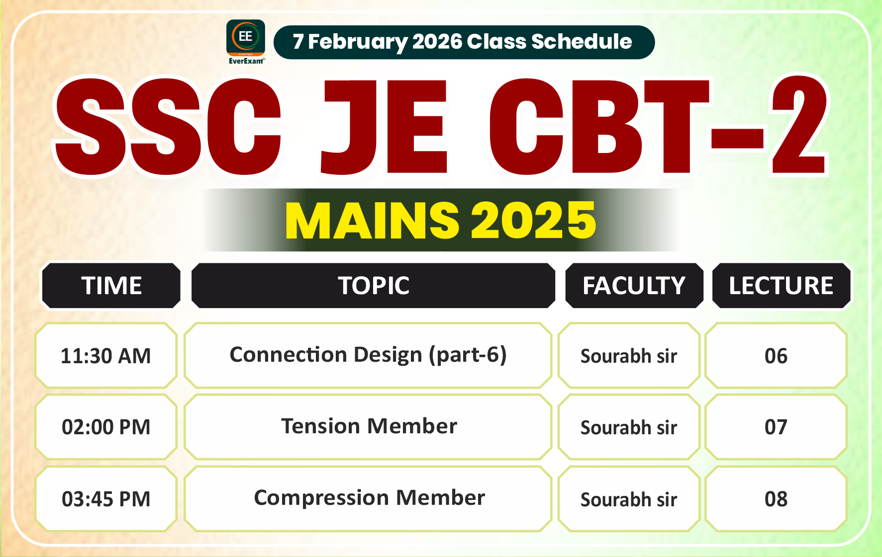 07 February 2026 Class Schedule Alerts SSC JE CBT-2 (Mains) 2025