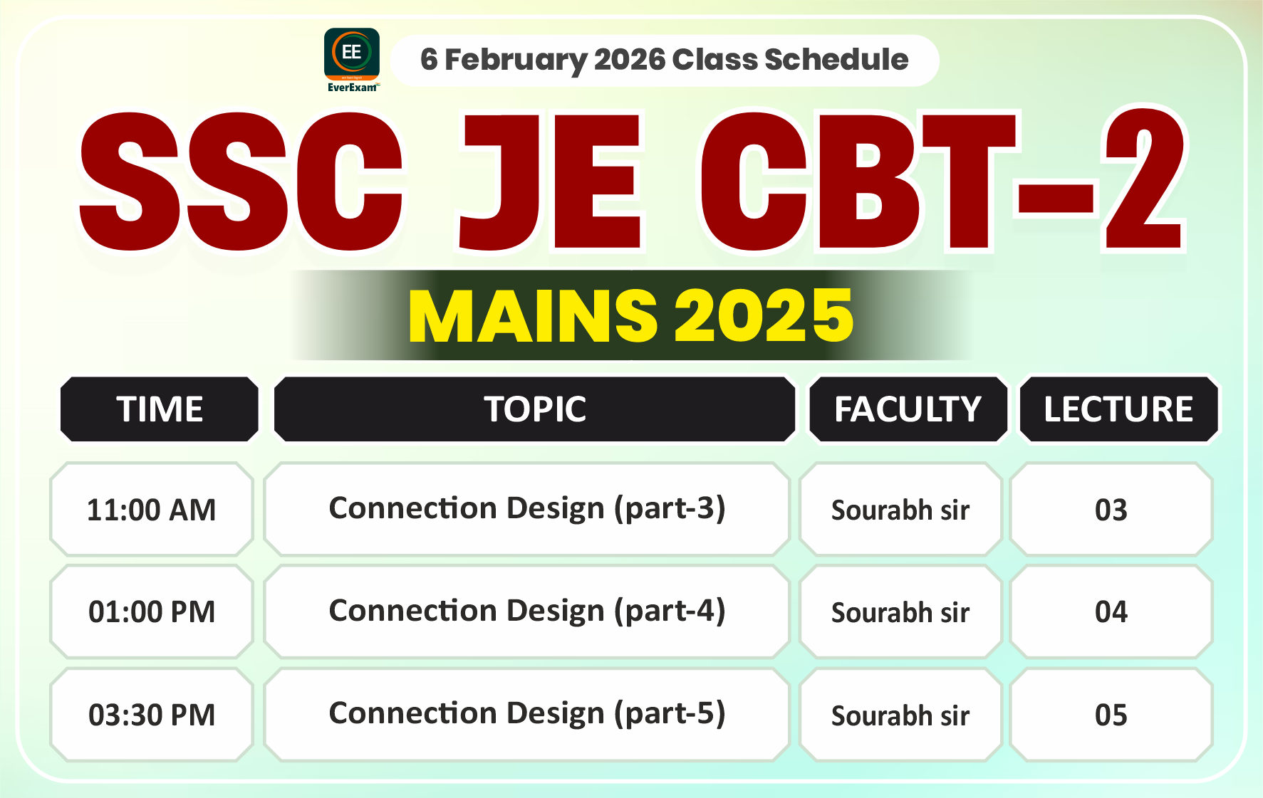06 February 2026 Class Schedule Alerts SSC JE CBT-2 (Mains) 2025