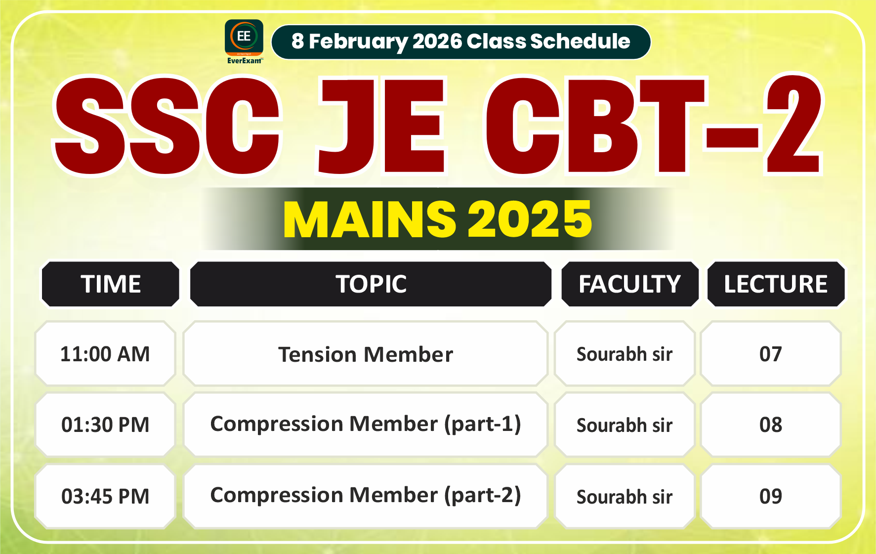 08 February 2026 Class Schedule Alerts SSC JE CBT-2 (Mains) 2025