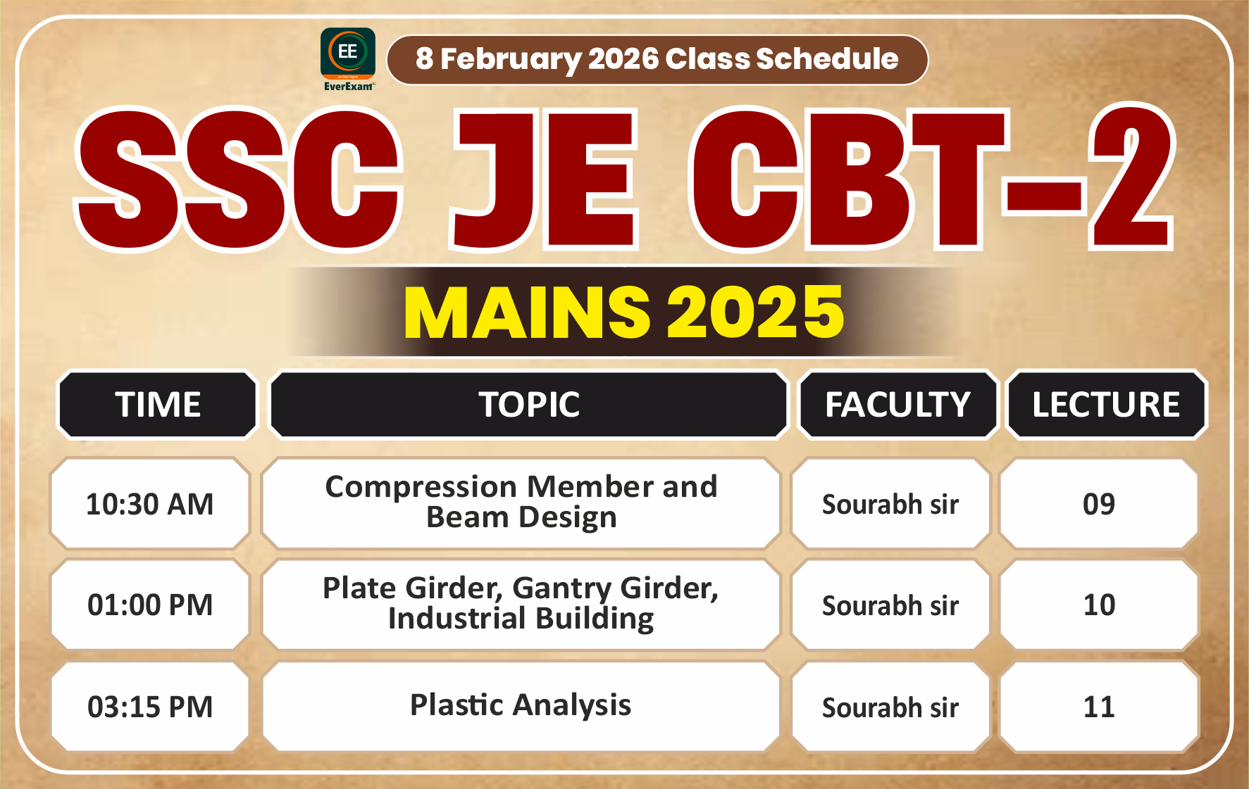 09 February 2026 Class Schedule Alerts SSC JE CBT-2 (Mains) 2025
