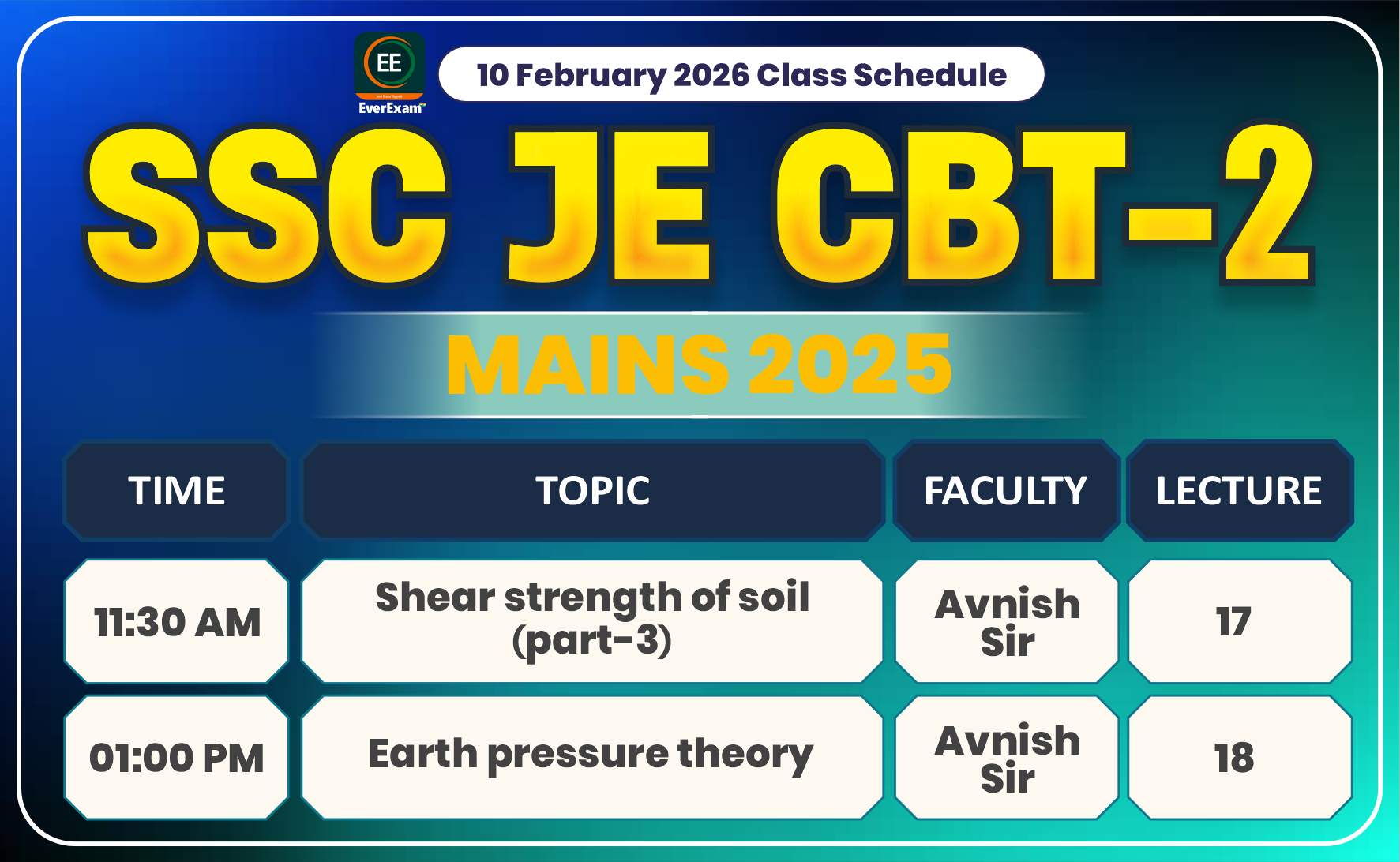 10 February 2026 Class Schedule Alerts SSC JE CBT-2 (Mains) 2025
