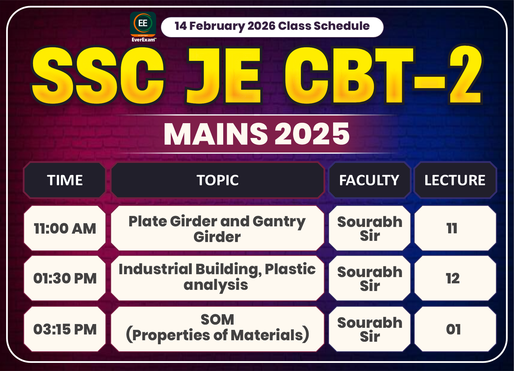 14 February 2026 Class Schedule Alerts SSC JE CBT-2 (Mains) 2025