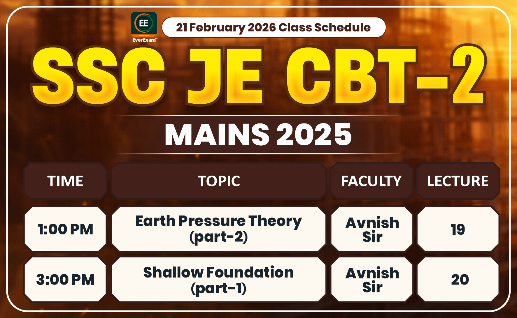 21 February 2026 Class Schedule Alerts SSC JE CBT-2 (Mains) 2025