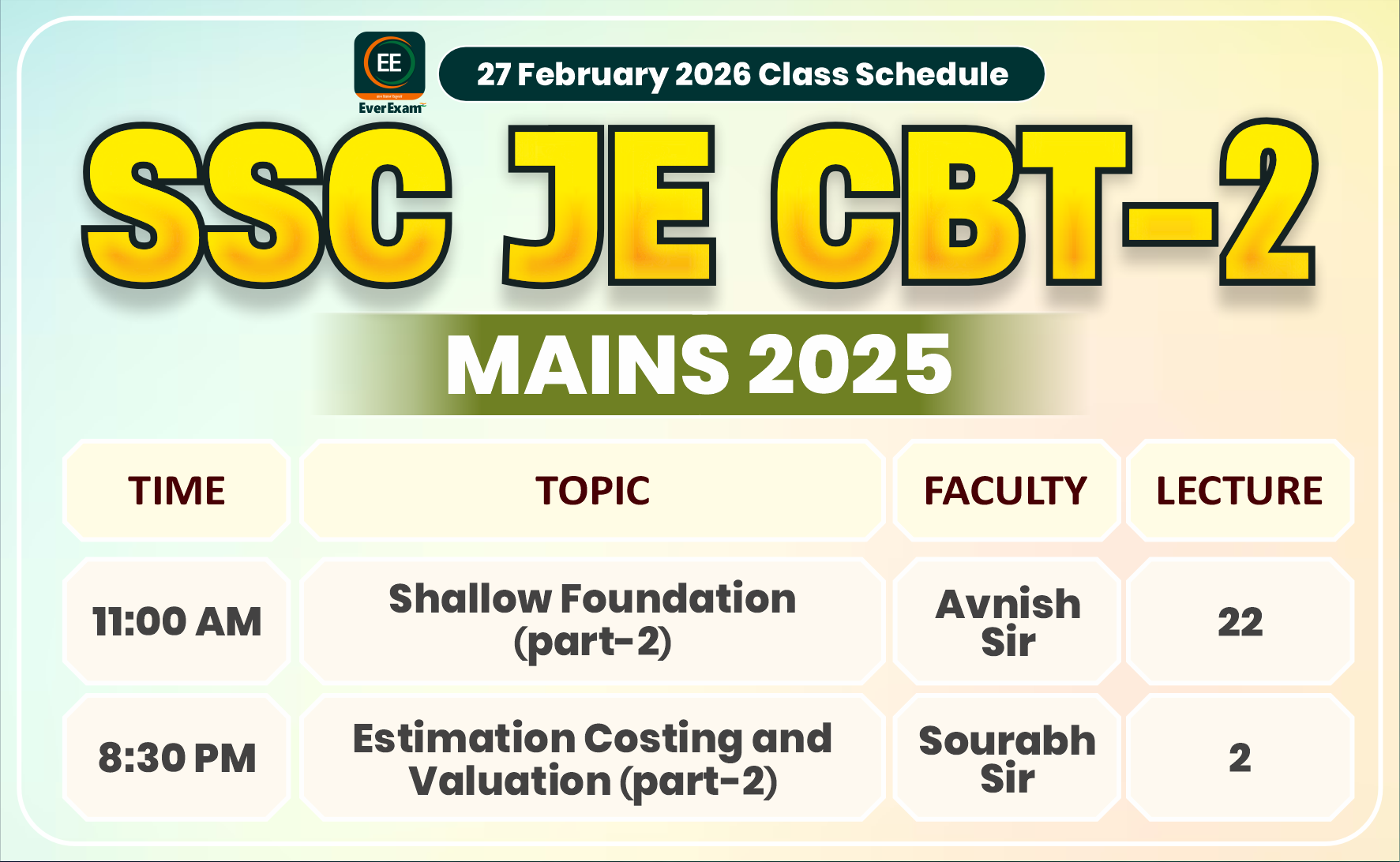 27 February 2026 Class Schedule Alerts SSC JE CBT-2 (Mains) 2025