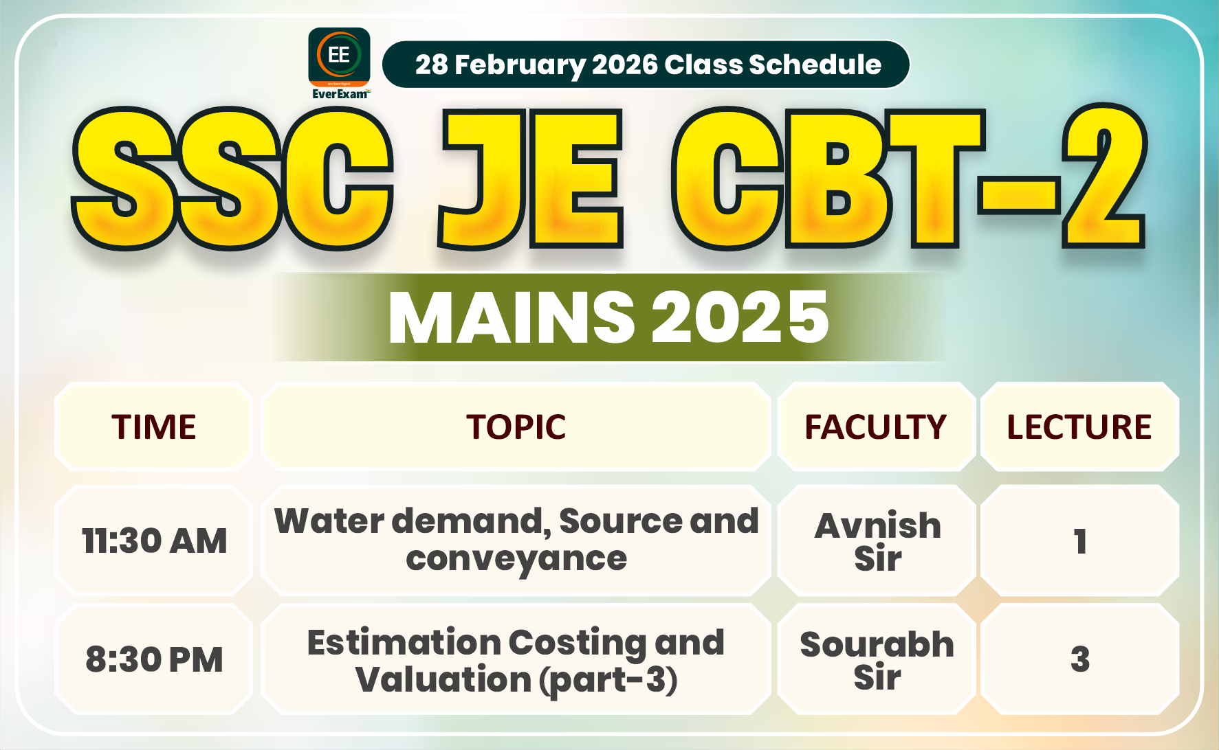 28 February 2026 Class Schedule Alerts SSC JE CBT-2 (Mains) 2025