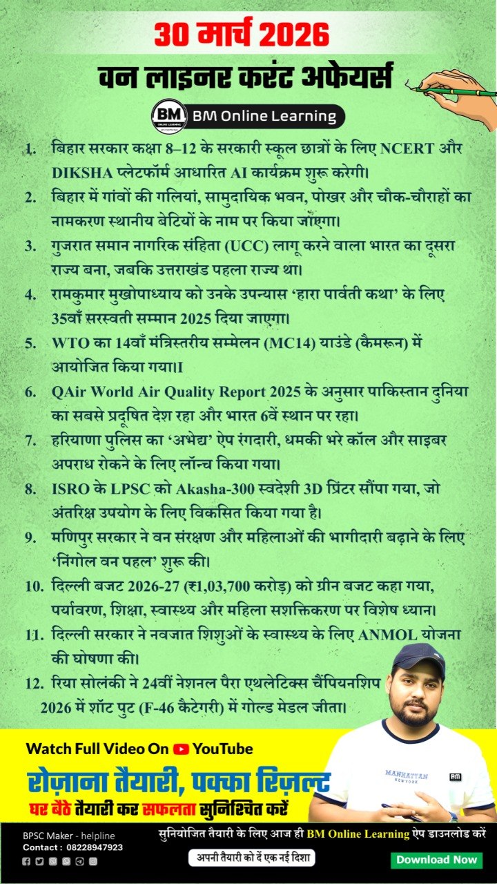 30 मार्च 2026 IMP करेंट अफेयर्स - Headlines 