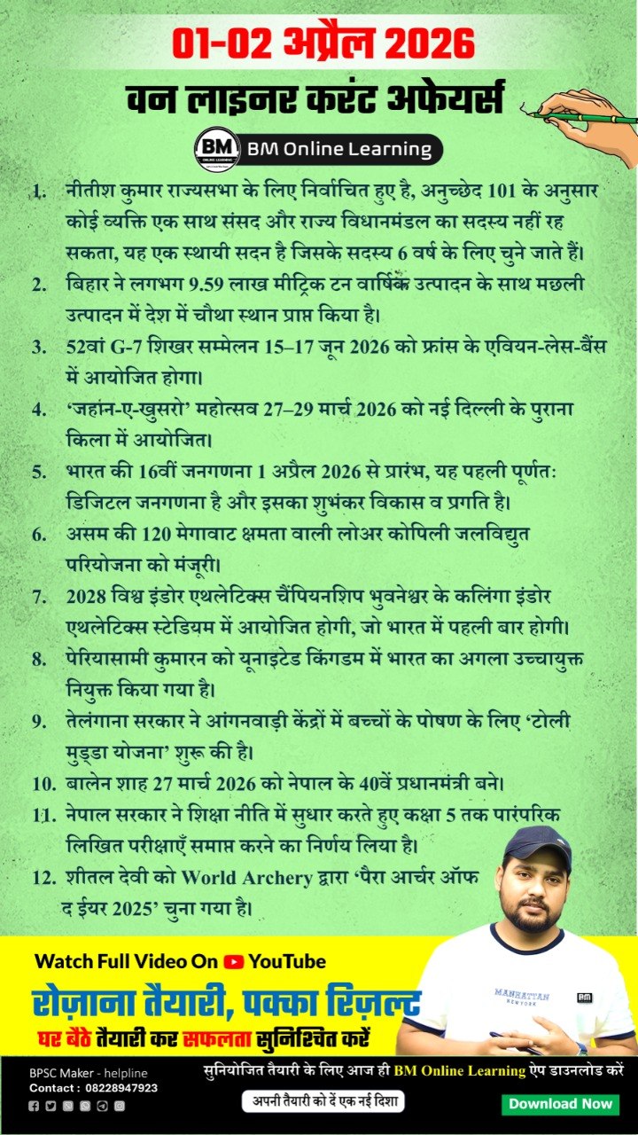 01-02 अप्रैल 2026 IMP करेंट अफेयर्स - Headlines