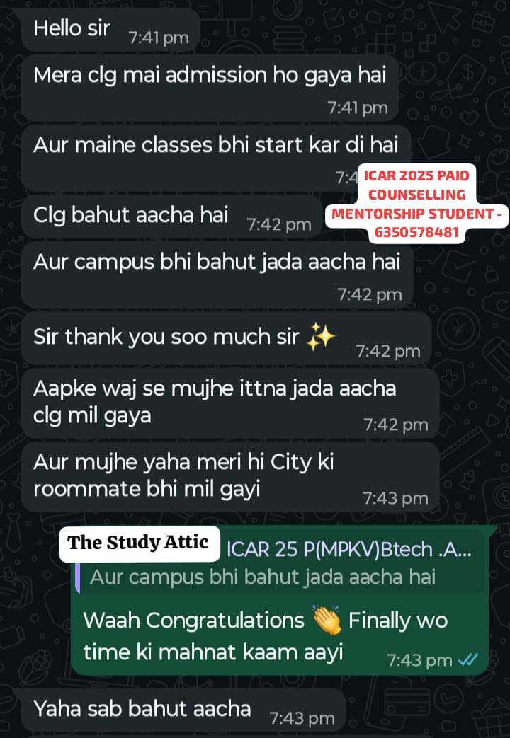 🎓 Admission Update – B.Tech Agriculture Engineering 🌱 🏫 University: Mahatma Phule Krishi Vidyapeeth (MPKV), Rahuri 📊 ICAR Rank: 16317 📊 OBC Rank: 8317 🧪 Subject-wise Score (PCB): Physics (P): 10.8979 Chemistry (C): 49.4876 Biology (B): 184.9296 ✅ Total Score: 245.3152 🎯 Our Last Year Paid Counselling Mentorship Student 📢 Join Our Counselling Mentorship Program 📲 Contact us on WhatsApp: 6350578481