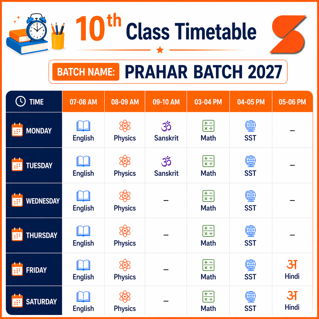 10th Prahar Batch 2027 Classes Time Table