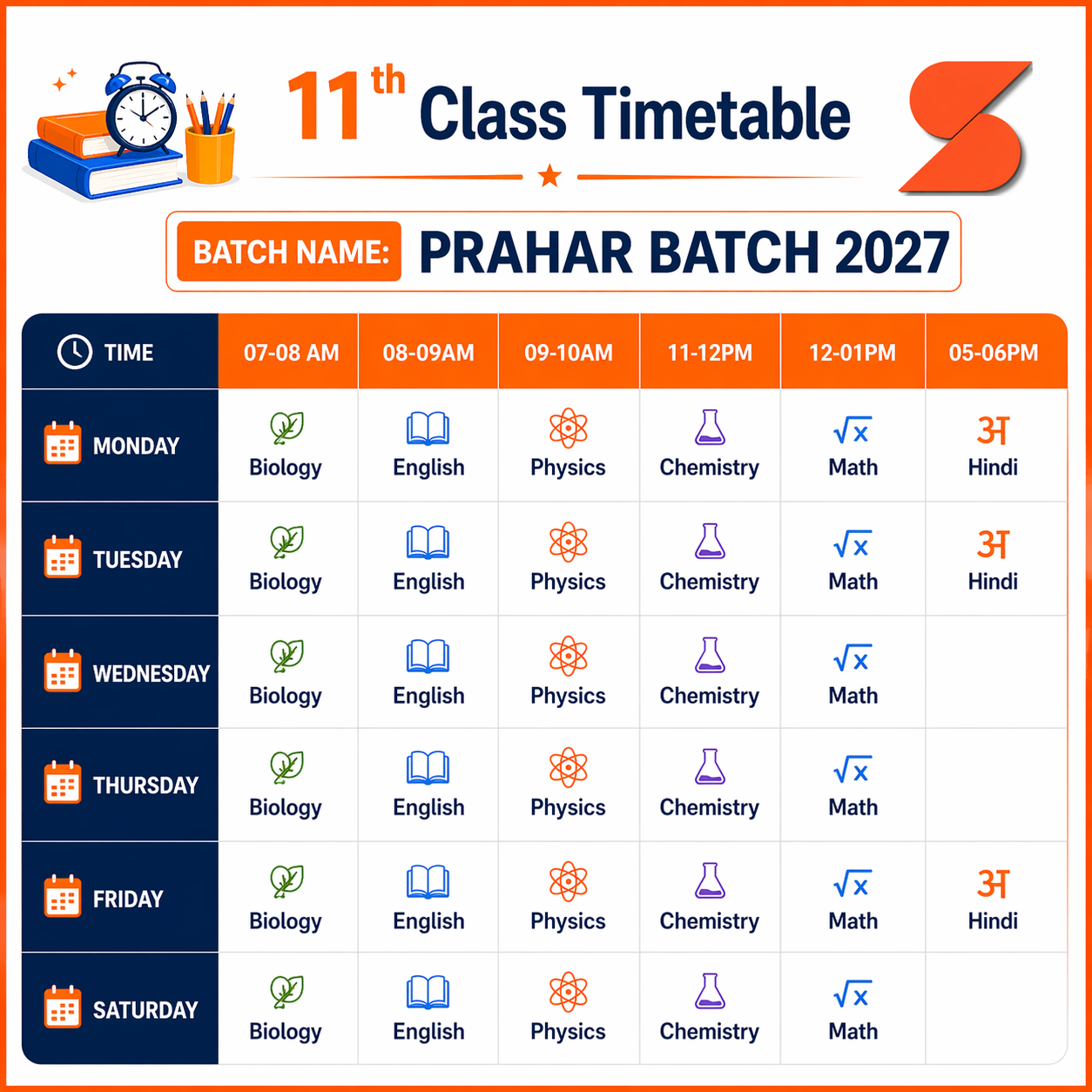 11th Prahar Batch 2027 Classes Timetable