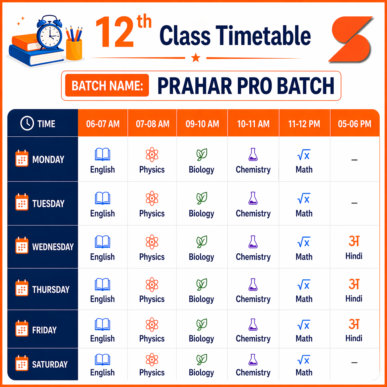 12th Prahar Pro Batch 2027 Class Time table