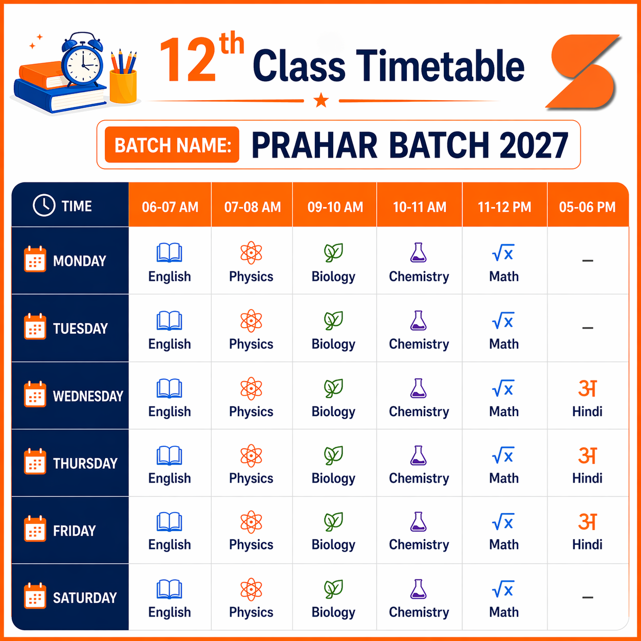 12th Prahar Batch 2027 Classes Time Table