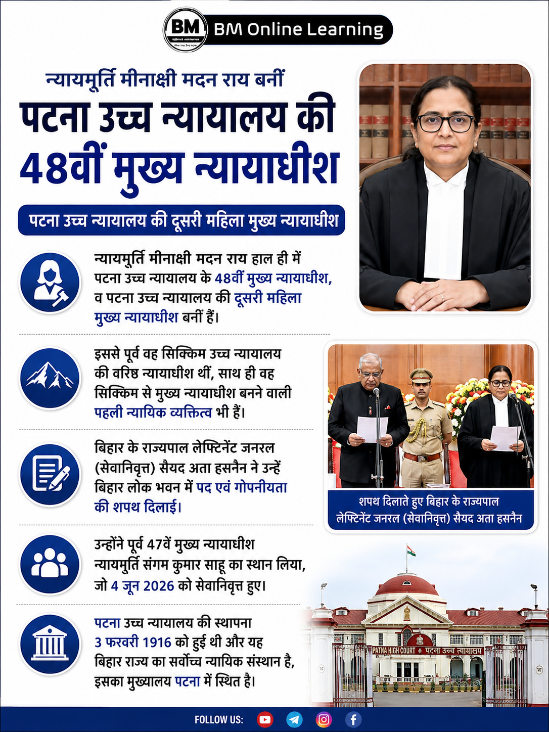 न्यायमूर्ति मीनाक्षी मदन राय ने पटना उच्च न्यायालय की 48वीं मुख्य न्यायाधीश के रूप में शपथ ग्रहण की। वह पटना उच्च न्यायालय की दूसरी महिला मुख्य न्यायाधीश हैं। इससे पहले न्यायमूर्ति रेखा मनहरलाल दोशित इस पद पर कार्य कर चुकी हैं।