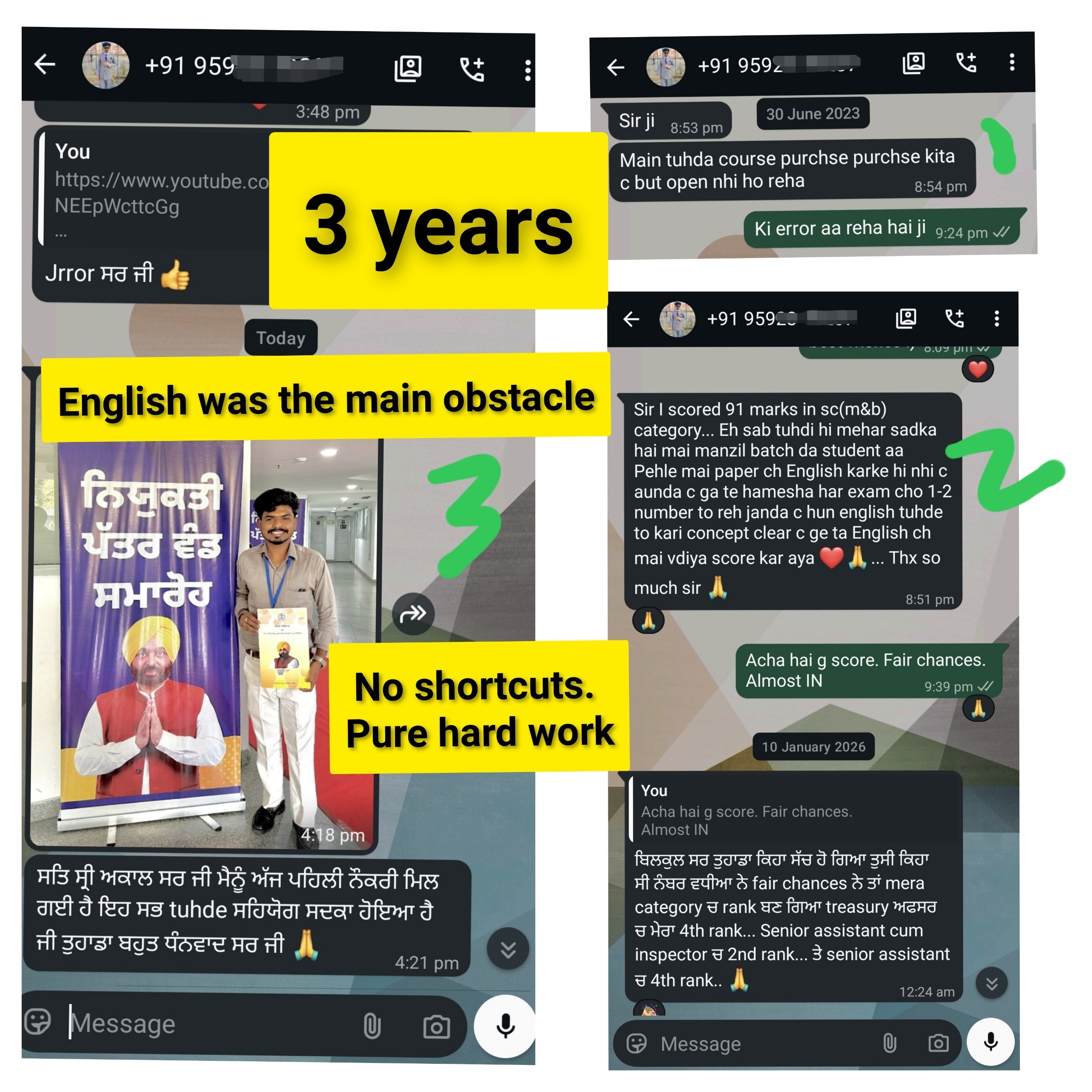 From constant failure to rank.  Role of English.   English was the main barrier that was hindering the selection. Finally done  All your efforts. three years of perseverance.