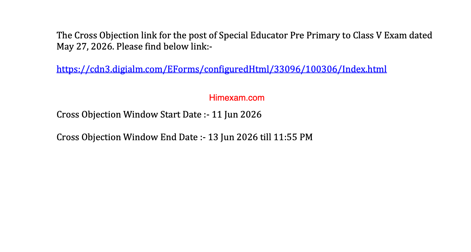 HPRCA Special Educator (Pre Primary to Class V) Cross Objection Notice