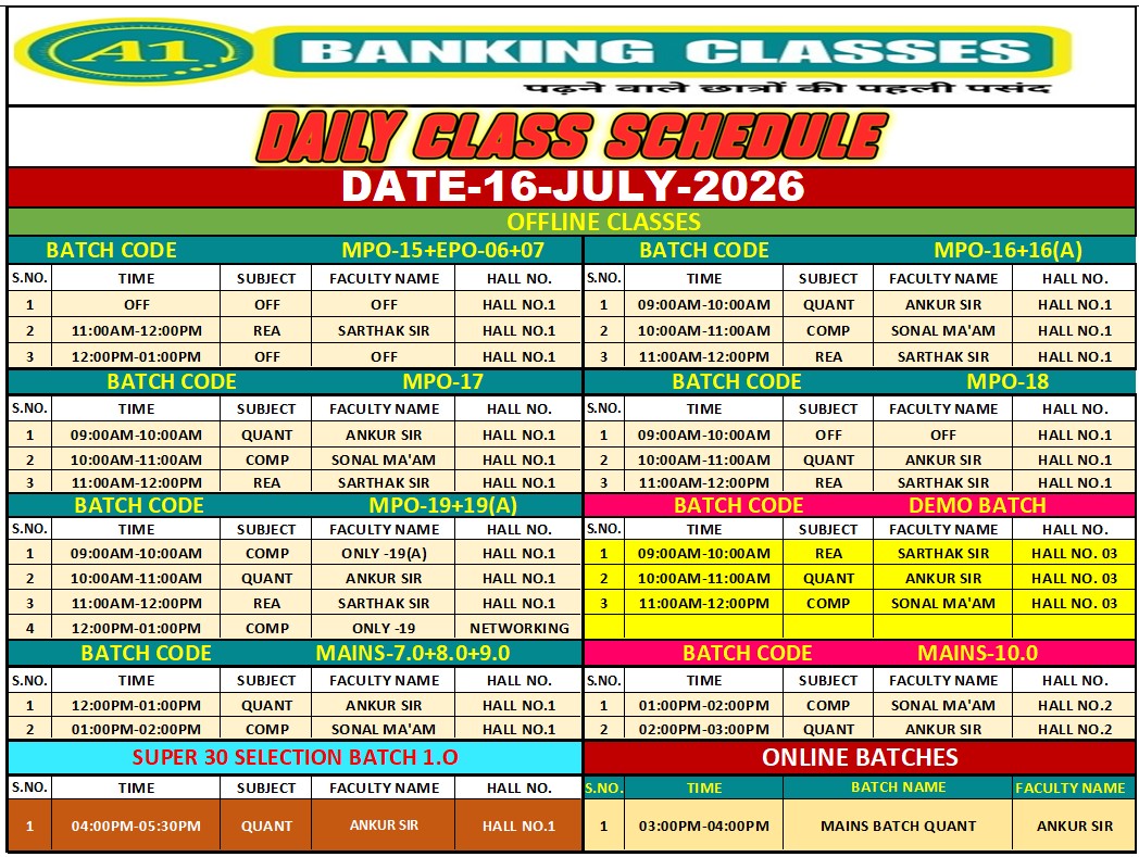 Class Schedule 16 July 2026