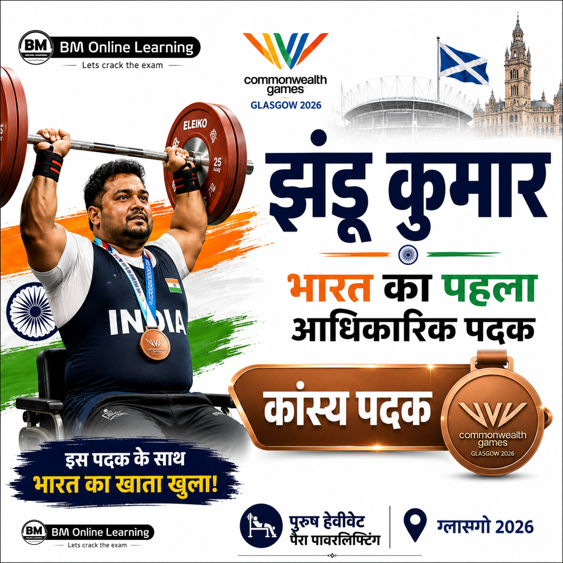 ग्लास्गो राष्ट्रमंडल खेल 2026 में भारत का पहला आधिकारिक पदक बिहार के झंडू कुमार ने जीता 
