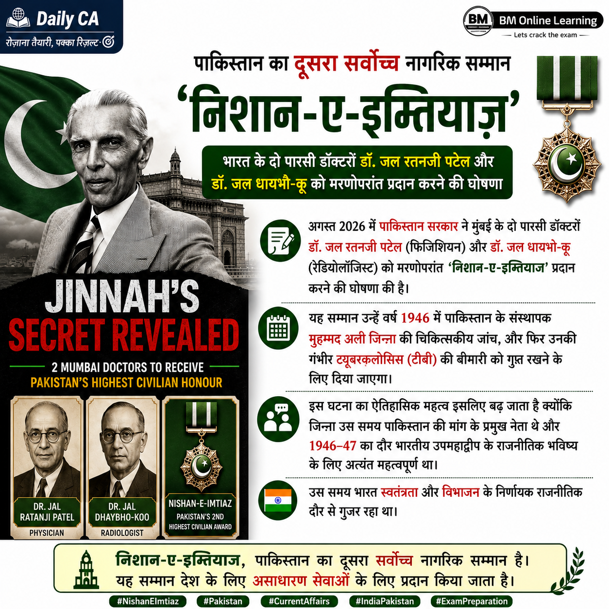 पाकिस्तान के दूसरे सर्वोच्च नागरिक सम्मान ‘निशान-ए-इम्तियाज़’ से मुंबई के दो पारसी डॉक्टरों डॉ. जल रतनजी पटेल और डॉ. जल धायभो-कू को मरणोपरांत सम्मानित किया जाएगा। 