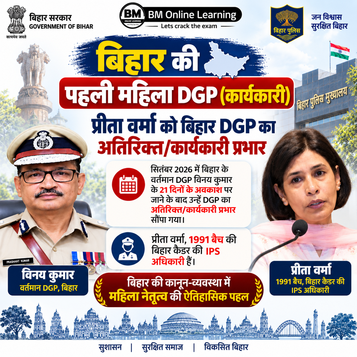 बिहार की पहली महिला DGP (कार्यकारी) | प्रीता वर्मा को अतिरिक्त/कार्यकारी प्रभार