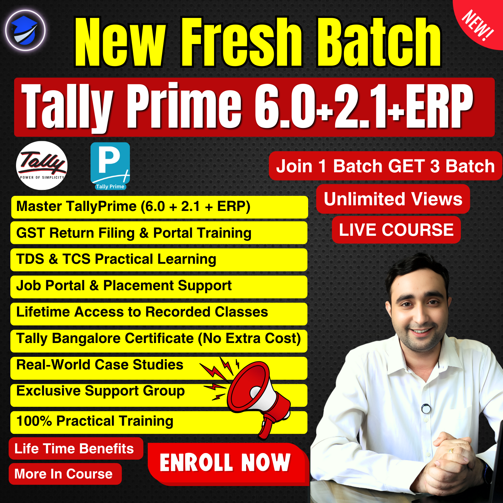 GST Accountant with TallyPrime6.0+2.1+ERP+SGP+TDS+TCS+GST Return Filling Live+ Recording Course