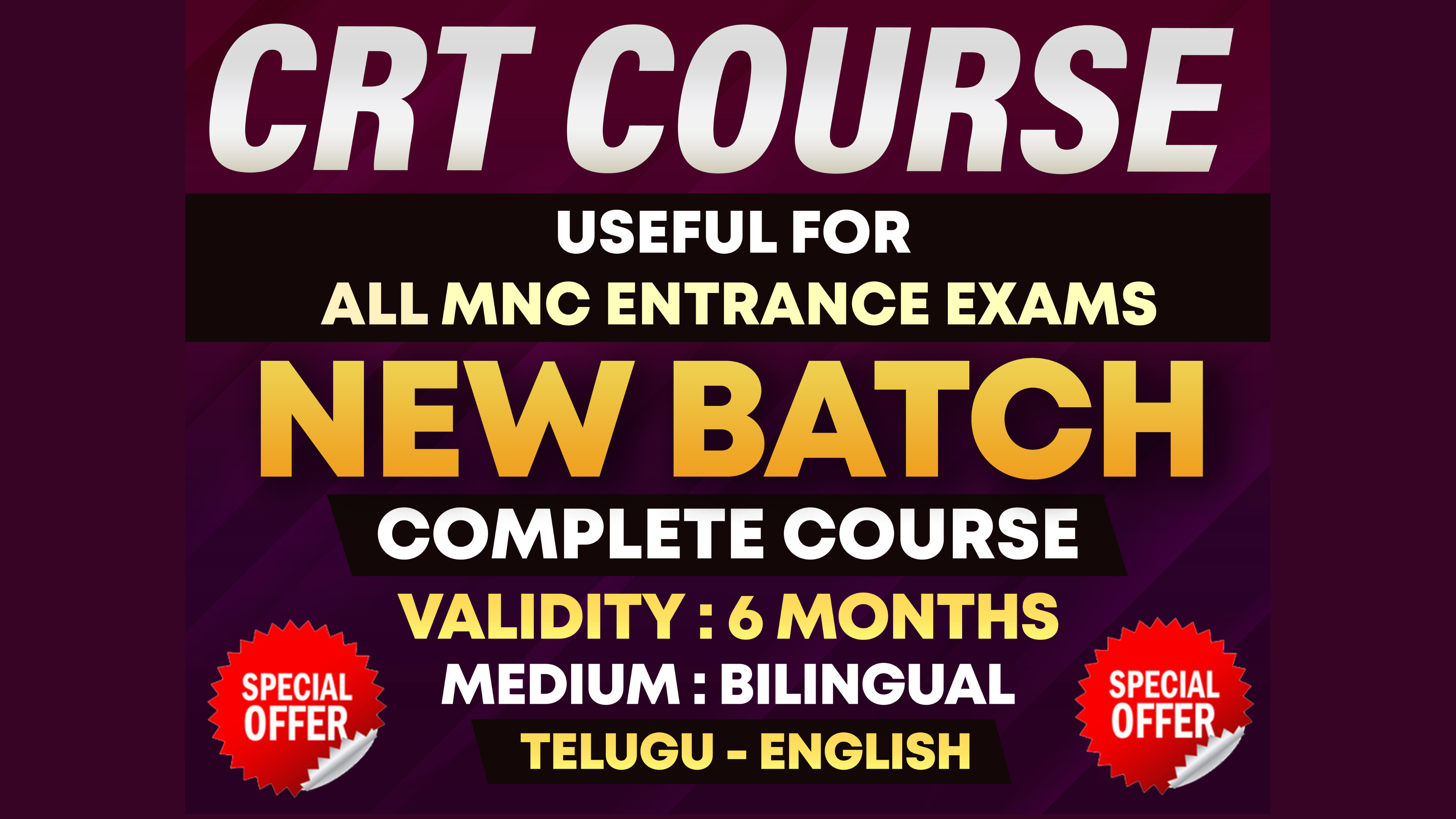 CRT BATCH ARITHMETIC , REASONING & ENGLISH | USEFUL TO CRACK ALL MNC EXAMS | ENGLISH MEDIUM & BILINGUAL ( TELUGU - ENGLISH ) CLASSES  *